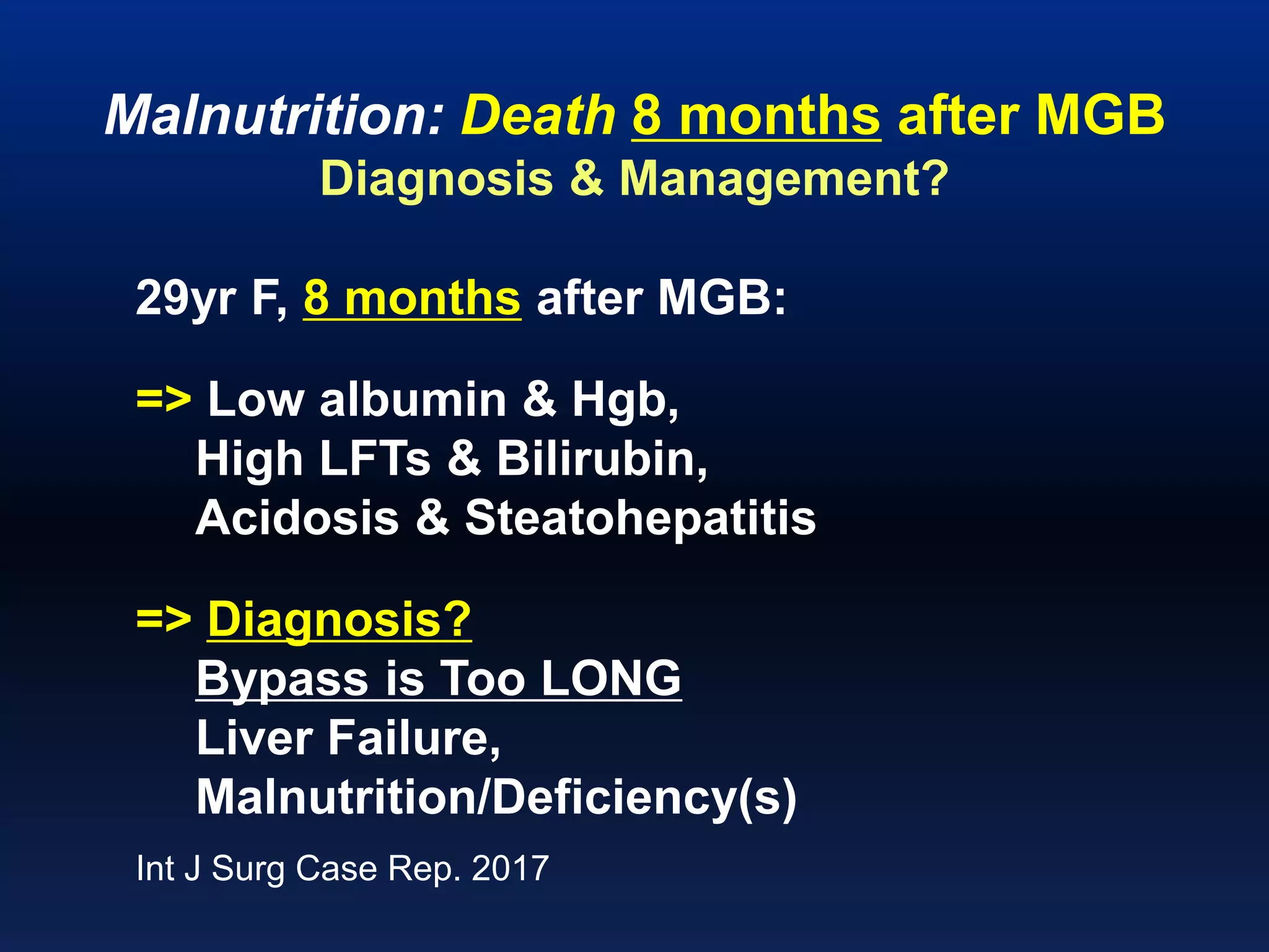 Malnutrition: Death 8 months after MGB
Diagnosis & Management?
29yr F, 8 months after MGB:
=> Low albumin & Hgb,
High LFTs & Bilirubin,
Acidosis & Steatohepatitis
=> Diagnosis?
Bypass is Too LONG
Liver Failure,
Malnutrition/Deficiency(s)
Int J Surg Case Rep. 2017
 