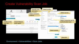 Create a new
scan job.
Import Nessus
scan report.
Select schedule
method.
Specify scan
job name.
Select profile.
Select server.
Select assets.
Select credential set for
authenticated scan.
Save job.
Create Vulnerability Scan Job
Environment > Vulnerabilities > Scan Jobs
 
