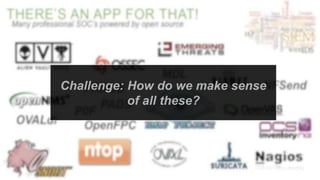 Many professional SOC’s are powered by open source
There’s an App for that!
PRADS NFSend
P0F
OVALdi
MDL
OpenFPC
PADS
Challenge: How do we make sense
of all these?
 