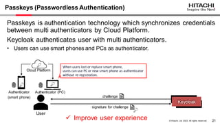 21
© Hitachi, Ltd. 2023. All rights reserv ed.
Passkeys (Passwordless Authentication)
Passkeys is authentication technology which synchronizes credentials
between multi authenticators by Cloud Platform.
Keycloak authenticates user with multi authenticators.
• Users can use smart phones and PCs as authenticator.
User
When users lost or replace smart phone,
users can use PC or new smart phone as authenticator
without re-registration.
Keycloak
Authenticator
(smart phone) challenge
signature for challenge
Authenticator (PC)
Cloud Platform
✓ Improve user experience
 