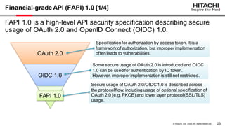 25
© Hitachi, Ltd. 2023. All rights reserv ed.
Specificationfor authorization by access token. It is a
framework of authorization, but improperimplementation
oftenleads to vulnerabilities.
Financial-grade API (FAPI) 1.0 [1/4]
OAuth 2.0
OIDC 1.0
FAPI 1.0
Some secure usage of OAuth 2.0 is introduced and OIDC
1.0 can be used for authentication by ID token.
However, improperimplementationis still not restricted.
Secure usage of OAuth 2.0/OIDC1.0 is described across
the protocolflow, including usage of optional specificationof
OAuth 2.0 (e.g. PKCE) and lower layer protocol(SSL/TLS)
usage.
FAPI 1.0 is a high-level API security specification describing secure
usage of OAuth 2.0 and OpenID Connect (OIDC) 1.0.
 