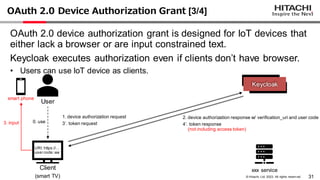 31
© Hitachi, Ltd. 2023. All rights reserv ed.
OAuth 2.0 Device Authorization Grant [3/4]
OAuth 2.0 device authorization grant is designed for IoT devices that
either lack a browser or are input constrained text.
Keycloak executes authorization even if clients don’t have browser.
• Users can use IoT device as clients.
xxx service
Keycloak
0. use
1. device authorization request
3’. token request
2. device authorization response w/ verification_uri and user code
4’. token response
(not including access token)
User
smart phone
Client
(smart TV)
URI: https://…
user code:xxx
3. input
 