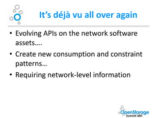 It’s déjà vu all over again
• Evolving APIs on the network software
  assets….
• Create new consumption and constraint
  patterns…
• Requiring network-level information
 