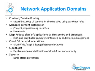 Network Application Domains
• Content / Service Routing
   – Locate best copy of content for the end user, using customer rules
• Managed content distribution
   – Content prepositioning to caches
   – Live events
• Map-Reduce class of applications as consumers and producers
   – High-end distributed computing informed by and informing placement
• Cloud OS network operations
   – Move VMs / Apps / Storage between locations
• Cloudburst
   – Flexible on-demand allocation of cloud & network capacity
• Security
   – DDoS attack prevention
 