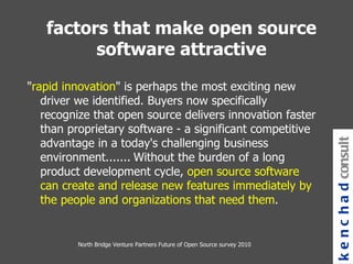 North Bridge Venture Partners Future of Open Source survey 2010 " rapid innovation " is perhaps the most exciting new driver we identified. Buyers now specifically recognize that open source delivers innovation faster than proprietary software - a significant competitive advantage in a today's challenging business environment.......   Without the burden of a long product development cycle,  open source software can create and release new features immediately by the people and organizations that need them .  kenchad consulting factors that make open source software attractive 