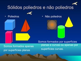 Sólidos poliedros e não poliedrosSólidos poliedros e não poliedros
• Poliedros • Não poliedros
Somos formados apenas
por superfícies planas
Somos formados por superfícies
planas e curvas ou apenas por
superfícies curvas.
 