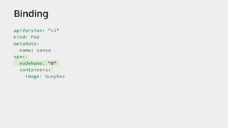 Binding
apiVersion: "v1"
kind: Pod
metadata:
name: sansa
spec:
nodeName: "8"
containers:
image: busybox
 