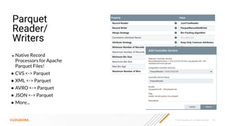 © 2023 Cloudera, Inc. All rights reserved. 33
Parquet
Reader/
Writers
● Native Record
Processors for Apache
Parquet Files!
● CVS <-> Parquet
● XML <-> Parquet
● AVRO <-> Parquet
● JSON <-> Parquet
● More...
 