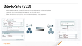 38
Site-to-Site (S2S)
● Send data from a NiFi instance/cluster to one or multiple NiFi instances/clusters
● Preferred communications protocol when NiFi on both ends
● 2-way secure protocol, push & pull, high availability and load balancing
 