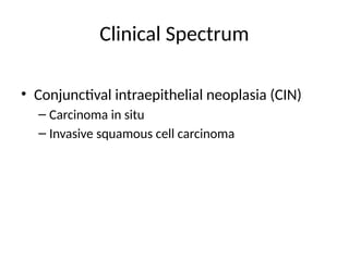 Clinical Spectrum
• Conjunctival intraepithelial neoplasia (CIN)
– Carcinoma in situ
– Invasive squamous cell carcinoma
 
