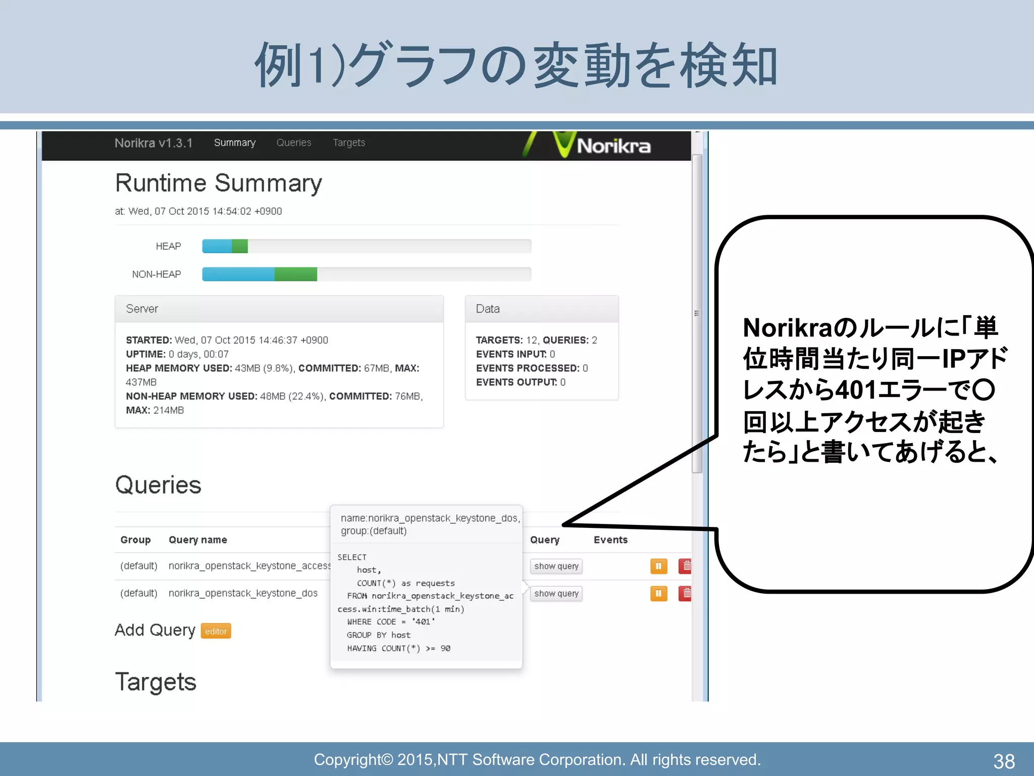 Copyright© 2015,NTT Software Corporation. All rights reserved.
例1)グラフの変動を検知
38
Norikraのルールに「単
位時間当たり同一IPアド
レスから401エラーで○
回以上アクセスが起き
たら」と書いてあげると、
 