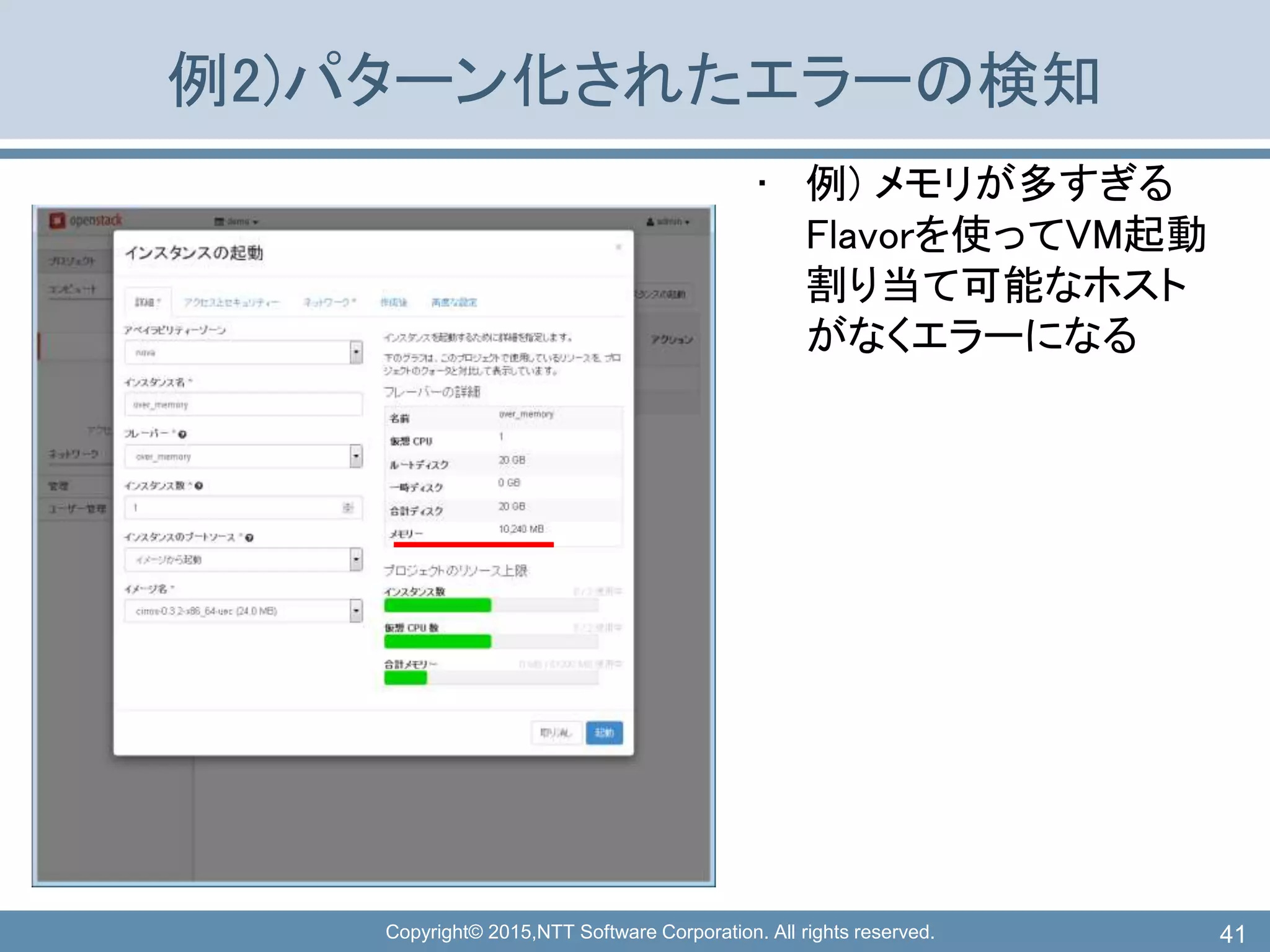 Copyright© 2015,NTT Software Corporation. All rights reserved.
例2)パターン化されたエラーの検知
41
• 例) メモリが多すぎる
Flavorを使ってVM起動
割り当て可能なホスト
がなくエラーになる
 