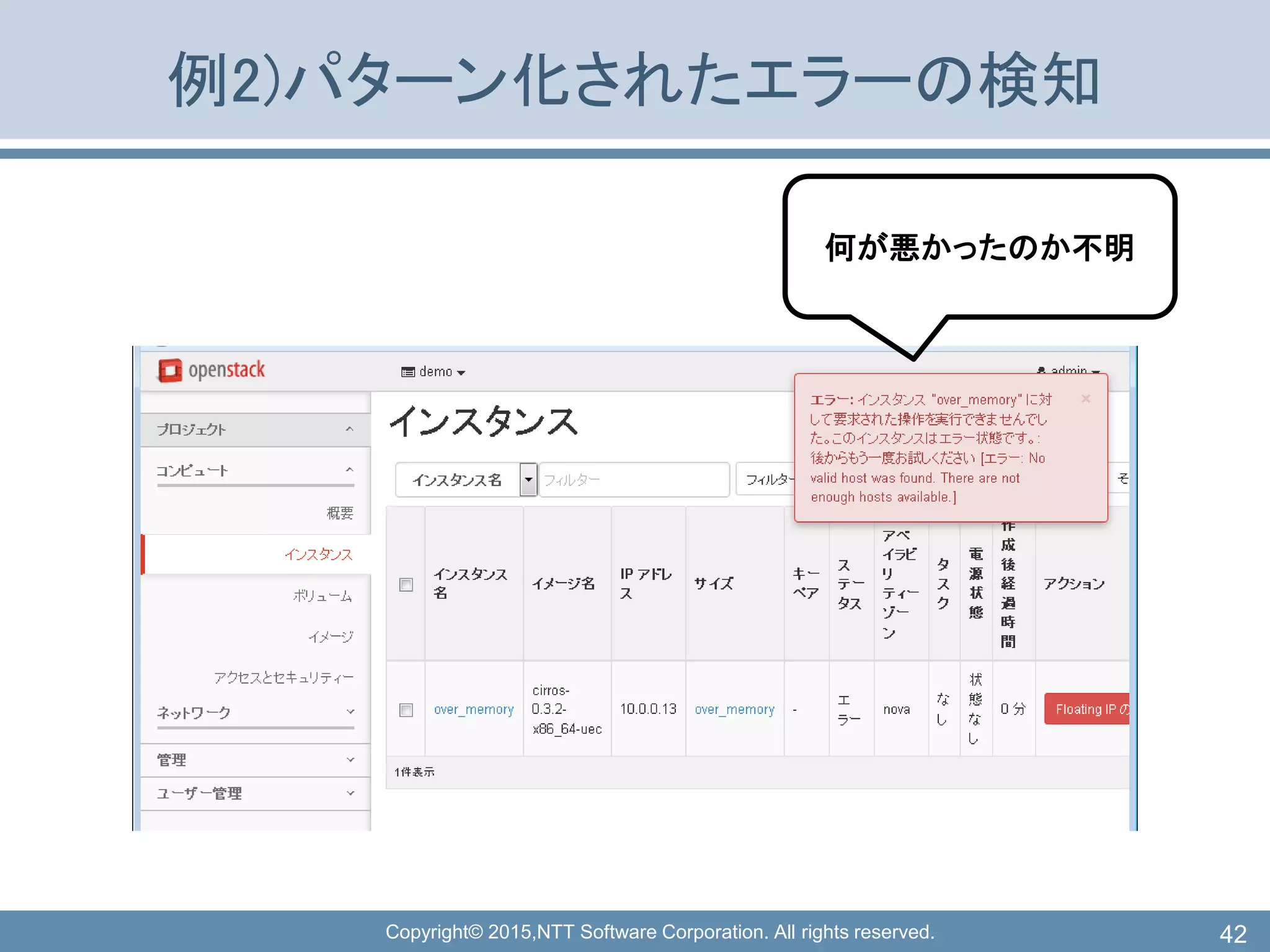 Copyright© 2015,NTT Software Corporation. All rights reserved.
例2)パターン化されたエラーの検知
42
何が悪かったのか不明
 