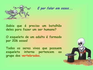 2E por falar em ossos...Sabia que é preciso um batalhão deles para fazer um ser humano?O esqueleto de um adulto é formado por 206 ossos!Todos os seres vivos que possuem esqueleto interno pertencem ao grupo dos vertebrados.