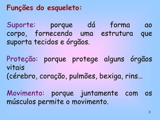 3Funções do esqueleto:Suporte: porque dá forma ao corpo, fornecendo uma estrutura que suporta tecidos e órgãos.Proteção: porque protege alguns órgãos vitais (cérebro, coração, pulmões, bexiga, rins…Movimento: porque juntamente com os músculos permite o movimento.