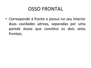 OSSO FRONTAL
• Corresponde à fronte e possui no seu interior
  duas cavidades aéreas, separadas por uma
  parede óssea que constitui os dois seios
  frontais.
 
