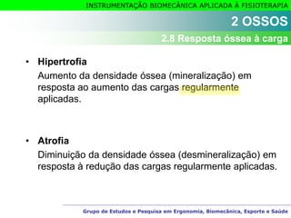 Grupo de Estudos e Pesquisa em Ergonomia, Biomecânica, Esporte e Saúde
INSTRUMENTAÇÃO BIOMECÂNICA APLICADA À FISIOTERAPIA
• Hipertrofia
Aumento da densidade óssea (mineralização) em
resposta ao aumento das cargas regularmente
aplicadas.
• Atrofia
Diminuição da densidade óssea (desmineralização) em
resposta à redução das cargas regularmente aplicadas.
2 OSSOS
2.8 Resposta óssea à carga
 