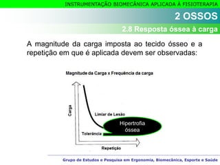 Grupo de Estudos e Pesquisa em Ergonomia, Biomecânica, Esporte e Saúde
INSTRUMENTAÇÃO BIOMECÂNICA APLICADA À FISIOTERAPIA
A magnitude da carga imposta ao tecido ósseo e a
repetição em que é aplicada devem ser observadas:
Hipertrofia
óssea
2 OSSOS
2.8 Resposta óssea à carga
 