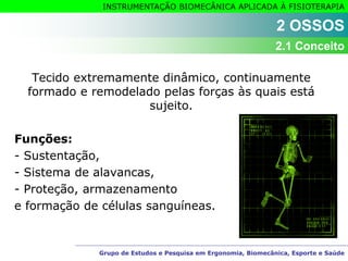 Grupo de Estudos e Pesquisa em Ergonomia, Biomecânica, Esporte e Saúde
INSTRUMENTAÇÃO BIOMECÂNICA APLICADA À FISIOTERAPIA
Tecido extremamente dinâmico, continuamente
formado e remodelado pelas forças às quais está
sujeito.
Funções:
- Sustentação,
- Sistema de alavancas,
- Proteção, armazenamento
e formação de células sanguíneas.
2 OSSOS
2.1 Conceito
 