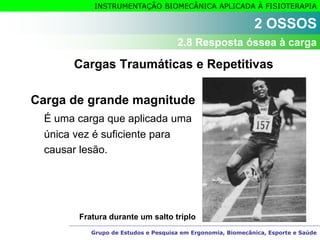 Grupo de Estudos e Pesquisa em Ergonomia, Biomecânica, Esporte e Saúde
INSTRUMENTAÇÃO BIOMECÂNICA APLICADA À FISIOTERAPIA
Cargas Traumáticas e Repetitivas
Carga de grande magnitude
É uma carga que aplicada uma
única vez é suficiente para
causar lesão.
Fratura durante um salto triplo
2 OSSOS
2.8 Resposta óssea à carga
 