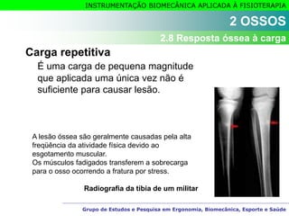 Grupo de Estudos e Pesquisa em Ergonomia, Biomecânica, Esporte e Saúde
INSTRUMENTAÇÃO BIOMECÂNICA APLICADA À FISIOTERAPIA
Carga repetitiva
É uma carga de pequena magnitude
que aplicada uma única vez não é
suficiente para causar lesão.
A lesão óssea são geralmente causadas pela alta
freqüência da atividade física devido ao
esgotamento muscular.
Os músculos fadigados transferem a sobrecarga
para o osso ocorrendo a fratura por stress.
Radiografia da tíbia de um militar
2 OSSOS
2.8 Resposta óssea à carga
 