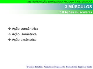 Grupo de Estudos e Pesquisa em Ergonomia, Biomecânica, Esporte e Saúde
INSTRUMENTAÇÃO BIOMECÂNICA APLICADA À FISIOTERAPIA
Grupo de Estudos e Pesquisa em Ergonomia, Biomecânica, Esporte e Saúde
 Ação concêntrica
 Ação isométrica
 Ação excêntrica
3 MÚSCULOS
3.8 Ações musculares
 