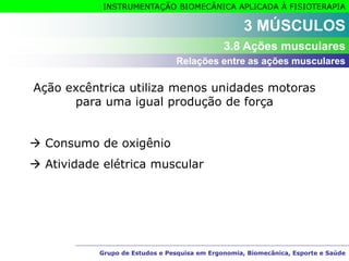 Grupo de Estudos e Pesquisa em Ergonomia, Biomecânica, Esporte e Saúde
INSTRUMENTAÇÃO BIOMECÂNICA APLICADA À FISIOTERAPIA
Grupo de Estudos e Pesquisa em Ergonomia, Biomecânica, Esporte e Saúde
2 MÚSCULOS 3 MÚSCULOS
3.8 Ações musculares
Relações entre as ações musculares
Ação excêntrica utiliza menos unidades motoras
para uma igual produção de força
 Consumo de oxigênio
 Atividade elétrica muscular
 