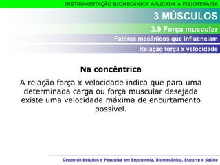 Grupo de Estudos e Pesquisa em Ergonomia, Biomecânica, Esporte e Saúde
INSTRUMENTAÇÃO BIOMECÂNICA APLICADA À FISIOTERAPIA
Grupo de Estudos e Pesquisa em Ergonomia, Biomecânica, Esporte e Saúde
Na concêntrica
A relação força x velocidade indica que para uma
determinada carga ou força muscular desejada
existe uma velocidade máxima de encurtamento
possível.
3 MÚSCULOS
3.9 Força muscular
Relação força x velocidade
Fatores mecânicos que influenciam
 