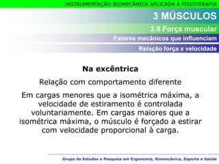 Grupo de Estudos e Pesquisa em Ergonomia, Biomecânica, Esporte e Saúde
INSTRUMENTAÇÃO BIOMECÂNICA APLICADA À FISIOTERAPIA
Grupo de Estudos e Pesquisa em Ergonomia, Biomecânica, Esporte e Saúde
Na excêntrica
Relação com comportamento diferente
Em cargas menores que a isométrica máxima, a
velocidade de estiramento é controlada
voluntariamente. Em cargas maiores que a
isométrica máxima, o músculo é forçado a estirar
com velocidade proporcional à carga.
3 MÚSCULOS
3.9 Força muscular
Relação força x velocidade
Fatores mecânicos que influenciam
 