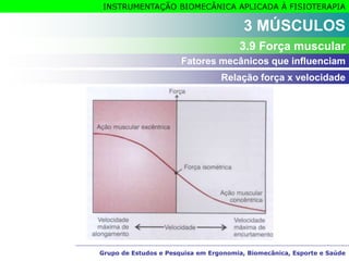 Grupo de Estudos e Pesquisa em Ergonomia, Biomecânica, Esporte e Saúde
INSTRUMENTAÇÃO BIOMECÂNICA APLICADA À FISIOTERAPIA
Grupo de Estudos e Pesquisa em Ergonomia, Biomecânica, Esporte e Saúde
3 MÚSCULOS
3.9 Força muscular
Relação força x velocidade
Fatores mecânicos que influenciam
 