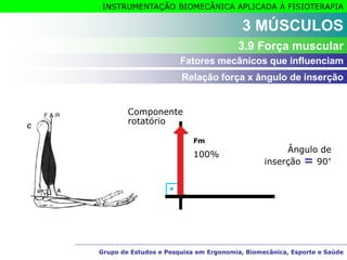 Grupo de Estudos e Pesquisa em Ergonomia, Biomecânica, Esporte e Saúde
INSTRUMENTAÇÃO BIOMECÂNICA APLICADA À FISIOTERAPIA
Grupo de Estudos e Pesquisa em Ergonomia, Biomecânica, Esporte e Saúde
3 MÚSCULOS
3.9 Força muscular
Relação força x ângulo de inserção
Fatores mecânicos que influenciam
Componente
rotatório
Fm
100%
Ângulo de
inserção = 90°
 