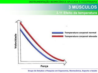 Grupo de Estudos e Pesquisa em Ergonomia, Biomecânica, Esporte e Saúde
INSTRUMENTAÇÃO BIOMECÂNICA APLICADA À FISIOTERAPIA
Grupo de Estudos e Pesquisa em Ergonomia, Biomecânica, Esporte e Saúde
3 MÚSCULOS
3.11 Efeito da temperatura
Velocidade
Força
Temperatura corporal normal
Temperatura corporal elevada
 