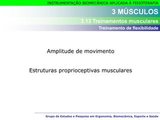 Grupo de Estudos e Pesquisa em Ergonomia, Biomecânica, Esporte e Saúde
INSTRUMENTAÇÃO BIOMECÂNICA APLICADA À FISIOTERAPIA
Grupo de Estudos e Pesquisa em Ergonomia, Biomecânica, Esporte e Saúde
3 MÚSCULOS
3.13 Treinamentos musculares
Treinamento de flexibilidade
Amplitude de movimento
Estruturas proprioceptivas musculares
 