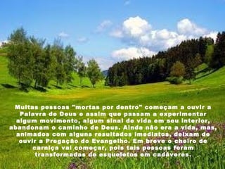 Muitas pessoas "mortas por dentro" começam a ouvir a Palavra de Deus e assim que passam a experimentar algum movimento, algum sinal de vida em seu interior, abandonam o caminho de Deus. Ainda não era a vida, mas, animados com alguns resultados imediatos, deixam de ouvir a Pregação do Evangelho. Em breve o cheiro de carniça vai começar, pois tais pessoas foram transformadas de esqueletos em cadáveres.    