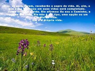Mas, se persistirem, receberão o sopro de vida. Aí, sim, o que Deus começou em suas vidas será completado.      Jesus Cristo é a vida. Ele afirmou: Eu sou o Caminho, a Verdade e a Vida. Ele não é um tipo, uma opção ou um estilo de vida. Ele é a própria vida.    
