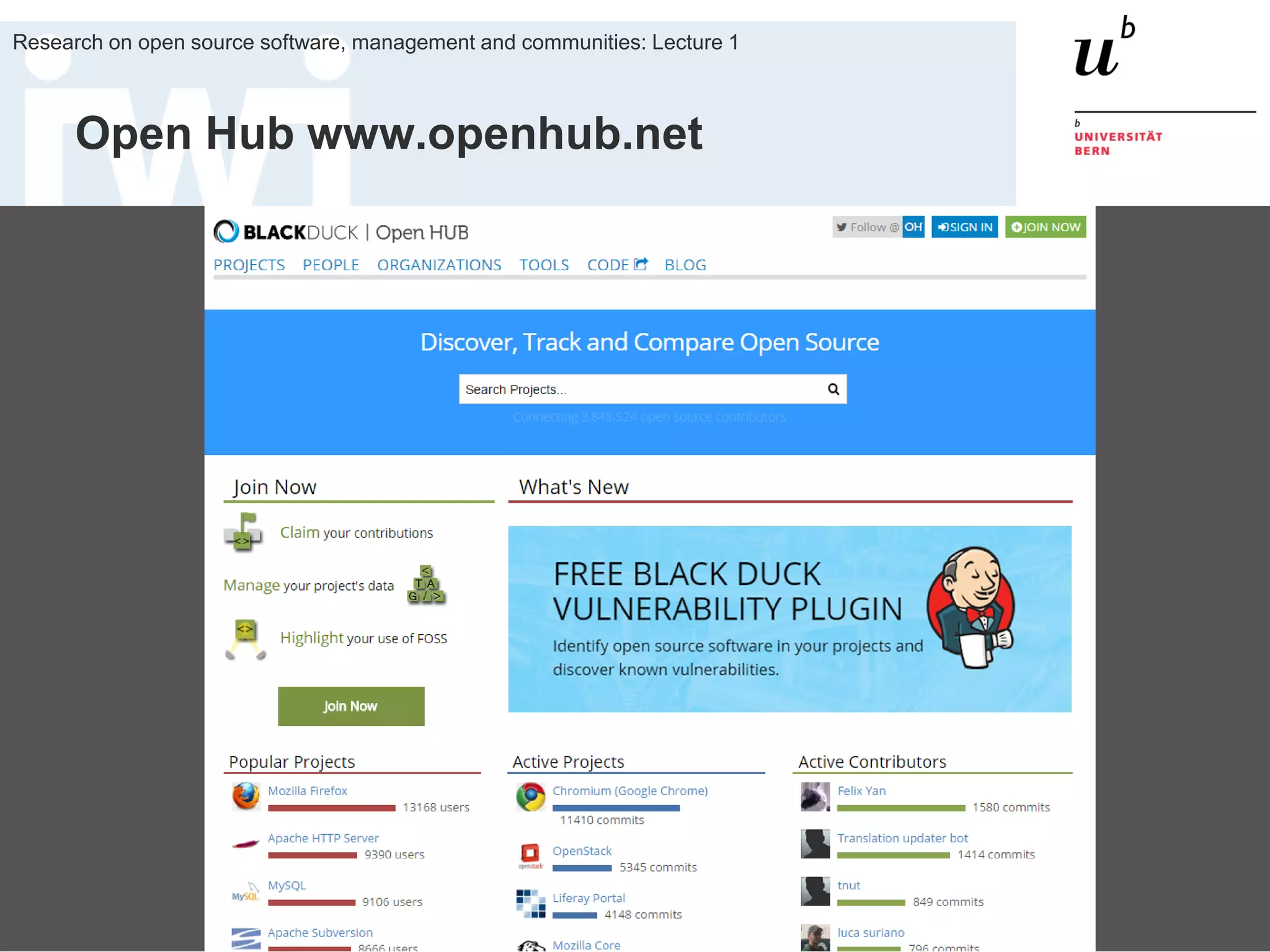 Fall Term 2015
Research on open source software, management and communities: Lecture 1
34
Open Hub www.openhub.net
 