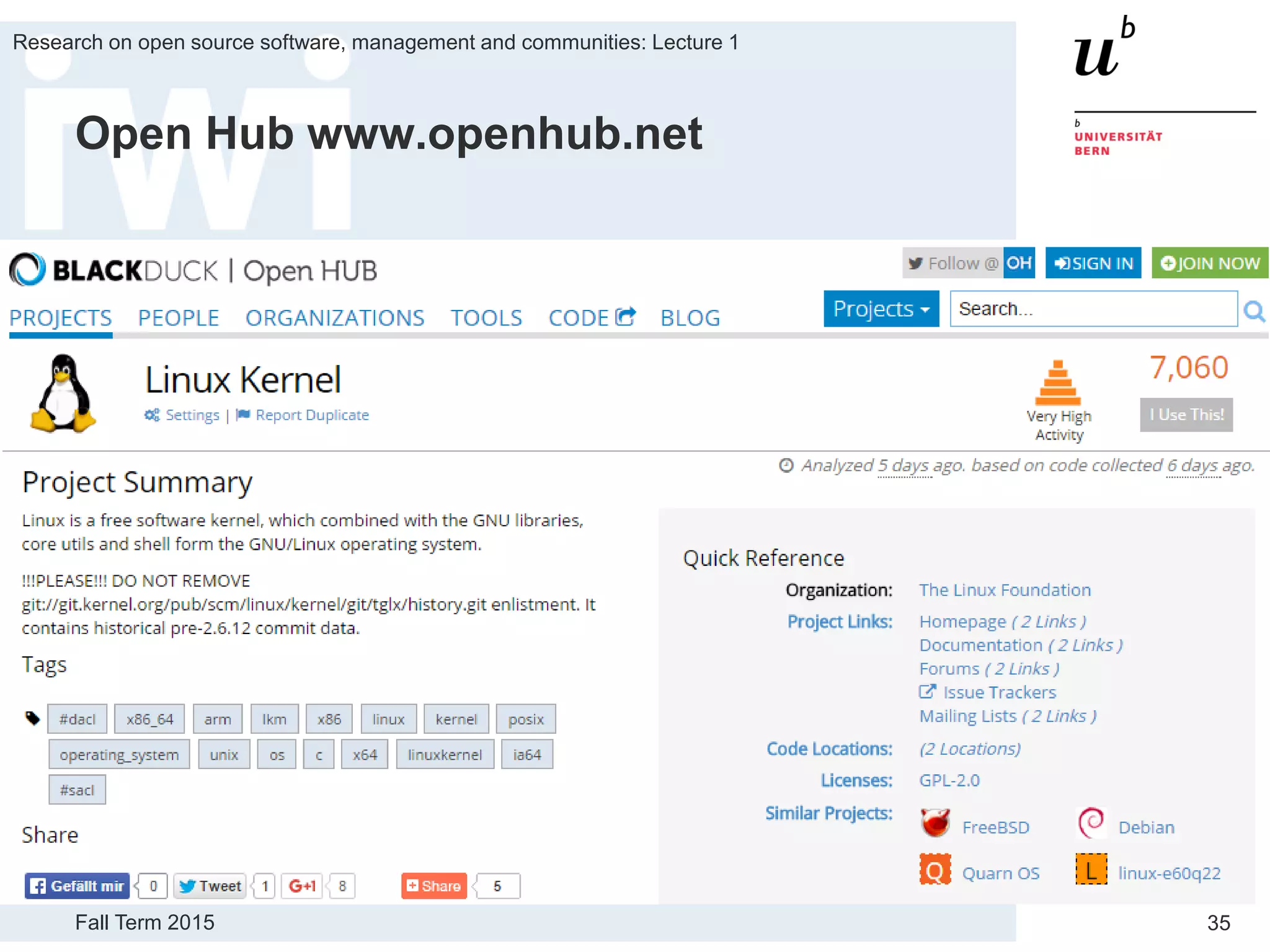Fall Term 2015
Research on open source software, management and communities: Lecture 1
35
Open Hub www.openhub.net
 