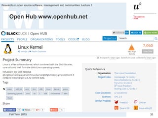 Fall Term 2015
Research on open source software, management and communities: Lecture 1
35
Open Hub www.openhub.net
 