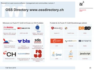 Fall Term 2015
Research on open source software, management and communities: Lecture 1
39
OSS Directory www.ossdirectory.ch
 