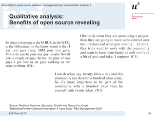 Fall Term 2015
Research on open source software, management and communities: Lecture 1
54
Qualitative analysis:
Benefits of open source revealing
Source: Matthias Stuermer, Sebastian Spaeth and Georg Von Krogh
“Extending Private-Collective Innovation: A Case Study” R&D Management 2009
 