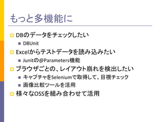 äȶCܤ
?

DBΥǩ`å
?

?

Excelƥȥǩ`izߤ
?

?

Junit@ParametersC

֥饦ȤΡ쥤ȱʳ
?
?

?

DBUnit

ץSeleniumȡäơĿҕå
^ĩ`

OSSMߺϤ碌ƻ

 