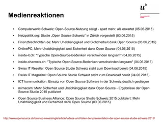 Open Source Studie Schweiz 2015 – Und wie weiter?26. November 2015 8
Medienreaktionen
● Computerworld Schweiz: Open-Source-Nutzung steigt - spart mehr, als erwartet (05.06.2015)
● Netzpolitik.org: Studie „Open Source Schweiz“ in Zürich vorgestellt (03.06.2015)
● FinanzNachrichten.de: Mehr Unabhängigkeit und Sichcherheit dank Open Source (03.06.2015)
● OnlinePC: Mehr Unabhängigkeit und Sicherheit dank Open Source (04.06.2015)
● inside-it.ch: "Typische Open-Source-Bedenken verschwinden langsam" (04.06.2015)
● inside-channels.ch: "Typische Open-Source-Bedenken verschwinden langsam" (04.06.2015)
● Swiss IT Reseller: Open Source Studie Schweiz steht zum Download bereit (04.06.2015)
● Swiss IT Magazine: Open Source Studie Schweiz steht zum Download bereit (04.06.2015)
● ICT kommunikation: Einsatz von Open Source Software in der Schweiz deutlich gestiegen
● mimacom: Mehr Sicherheit und Unabhängigkeit dank Open Source - Ergebnisse der Open
Source Studie 2015 publiziert
● Open Source Business Alliance: Open Source Studie Schweiz 2015 publiziert: Mehr
Unabhängigkeit und Sicherheit dank Open Source (03.06.2015)
http://www.opensource.ch/oss-top-news/single/article/videos-und-folien-der-praesentation-der-open-source-studie-schweiz-2015/
 