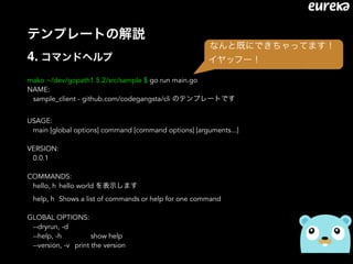 テンプレートの解説 
4. コマンドヘルプ
mako ~/dev/gopath1.5.2/src/sample $ go run main.go
NAME:
sample_client - github.com/codegangsta/cli のテンプレートです
USAGE:
main [global options] command [command options] [arguments...]
VERSION:
0.0.1
COMMANDS:
hello, h hello world を表示します
help, h Shows a list of commands or help for one command
GLOBAL OPTIONS:
--dryrun, -d
--help, -h show help
--version, -v print the version
なんと既にできちゃってます！
イヤッフー！
 