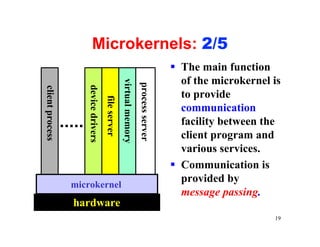 Microkernels: 2/5
                                                                                     § The main function
                                                                                       of the microkernel is


                                                   virtual memory
                                                                    process server
                    device drivers
client process




                                                                                       to provide
                                     file server                                       communication
                                                                                       facility between the
                                                                                       client program and
                                                                                       various services.
                                                                                     § Communication is
                                                                                       provided by
                 microkernel
                                                                                       message passing.
                 hardware
                                                                                                          19
 