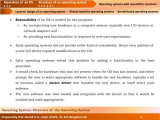 Prepared by Prof. Anand H. D., Dept. of ECE, Dr. AIT, Bengaluru-56 10
Operating System: Structure of the Operating System
 Later operating systems solved this problem by adding a functionality to the boot
procedure.
 It would check for hardware that was not present when the OS was last booted, and either
prompt the user to select appropriate software to handle the new hardware, typically a set
of routines called a device driver that handled the new device, or itself select such
software.
 The new software was then loaded and integrated with the kernel so that it would be
invoked and used appropriately.
 Extensibility of an OS is needed for two purposes:
• for incorporating new hardware in a computer system—typically new I/O devices or
network adapters and
• for providing new functionalities in response to new user expectations.
 Early operating systems did not provide either kind of extensibility. Hence even addition of
a new I/O device required modifications to the OS.
Operation of an O.S Structure of an operating system Operating systems with monolithic structure
Layered design of an operating system Virtual machine operating systems Kernel based operating systems
Operation of an OS Structure of an operating system
 