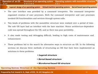 Operation of an O.S Structure of an operating system Operating systems with monolithic structure
Layered design of an operating system Virtual machine operating systems Kernel based operating systems
Prepared by Prof. Anand H. D., Dept. of ECE, Dr. AIT, Bengaluru-56 13
Operating System: Structure of the Operating System
Operation of an OS Structure of an operating system Operating systems with monolithic structure
 The user interface was provided by a command interpreter. The command interpreter
organized creation of user processes. Both the command interpreter and user processes
invoked OS functionalities and services through system calls.
 Two kinds of problems with the monolithic structure were realized over a period of time.
The sole OS layer had an interface with the bare machine. Hence architecture-dependent
code was spread throughout the OS, and so there was poor portability.
 It also made testing and debugging difficult, leading to high costs of maintenance and
enhancement.
 These problems led to the search for alternative ways to structure an OS. In the following
sections we discuss three methods of structuring an OS that have been implemented as
solutions to these problems.
• Layered structure
• Kernel-based structure
• Microkernel-based OS structure
 
