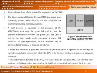 Operation of an O.S Structure of an operating system Operating systems with monolithic structure
Layered design of an operating system Virtual machine operating systems Kernel based operating systems
Prepared by Prof. Anand H. D., Dept. of ECE, Dr. AIT, Bengaluru-56 27
Operating System: Structure of the Operating System
Layered design of an operating system Virtual machine operating systems
 Figure shows three of the guest OSs supported by VM/370.
Operation of an OS Structure of an operating system Operating systems with monolithic structure
 The Conversational Monitor System(CMS) is a single-user
operating system, while the OS/370 and DOS/370 are
multiprogramming operating systems.
 A user process is unaware of the presence of the
VM/370—it sees only the guest OS that it uses. To
prevent interference between the guest OSs, the CPU is
put in the user mode while executing a guest OS.
Initiation of I/O operations, which involves use of
privileged instructions, is handled as follows:
• When the kernel of a guest OS executes an I/O instruction, it appears as an attempt to
execute a privileged instruction while the CPU is in the user mode, so it causes a program
interrupt.
• The interrupt is directed to the VM/370 rather than to the guest OS. The VM/370 now
initiates the I/O operation by executing the I/O instruction that had caused the interrupt.
Figure: Virtual machine
operating system VM/370.
 
