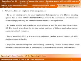 Operation of an O.S Structure of an operating system Operating systems with monolithic structure
Layered design of an operating system Virtual machine operating systems Kernel based operating systems
Prepared by Prof. Anand H. D., Dept. of ECE, Dr. AIT, Bengaluru-56 31
Operating System: Structure of the Operating System
Layered design of an operating system Virtual machine operating systems
Operation of an OS Structure of an operating system Operating systems with monolithic structure
• To provide disaster management capabilities by transferring a virtual machine from a server
that has to shut down because of an emergency to another server available on the network.
• To use an existing server for a new application that requires use of a different operating
system. This is called workload consolidation; it reduces the hardware and operational cost
of computing by reducing the number of servers needed in an organization.
 Virtual machines are employed for diverse purposes:
• To provide security and reliability for applications that use the same host and the same
OS. This benefit arises from the fact that virtual machines of different applications cannot
access each other’s resources.
• To test a modified OS (or a new version of application code) on a server concurrently with
production runs of that OS.
 