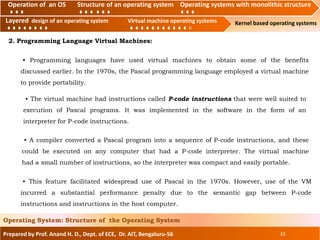 Operation of an O.S Structure of an operating system Operating systems with monolithic structure
Layered design of an operating system Virtual machine operating systems Kernel based operating systems
Prepared by Prof. Anand H. D., Dept. of ECE, Dr. AIT, Bengaluru-56 33
Operating System: Structure of the Operating System
Layered design of an operating system Virtual machine operating systems
Operation of an OS Structure of an operating system Operating systems with monolithic structure
2. Programming Language Virtual Machines:
• Programming languages have used virtual machines to obtain some of the benefits
discussed earlier. In the 1970s, the Pascal programming language employed a virtual machine
to provide portability.
• This feature facilitated widespread use of Pascal in the 1970s. However, use of the VM
incurred a substantial performance penalty due to the semantic gap between P-code
instructions and instructions in the host computer.
• A compiler converted a Pascal program into a sequence of P-code instructions, and these
could be executed on any computer that had a P-code interpreter. The virtual machine
had a small number of instructions, so the interpreter was compact and easily portable.
• The virtual machine had instructions called P-code instructions that were well suited to
execution of Pascal programs. It was implemented in the software in the form of an
interpreter for P-code instructions.
 