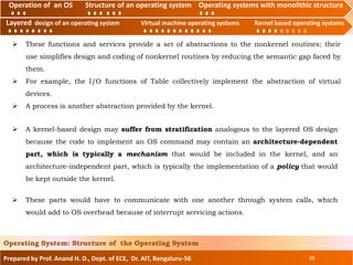 Operation of an O.S Structure of an operating system Operating systems with monolithic structure
Layered design of an operating system Virtual machine operating systems Kernel based operating systems
Prepared by Prof. Anand H. D., Dept. of ECE, Dr. AIT, Bengaluru-56 38
Operating System: Structure of the Operating System
Layered design of an operating system Virtual machine operating systems Kernel based operating systems
Operation of an OS Structure of an operating system Operating systems with monolithic structure
 These functions and services provide a set of abstractions to the nonkernel routines; their
use simplifies design and coding of nonkernel routines by reducing the semantic gap faced by
them.
 For example, the I/O functions of Table collectively implement the abstraction of virtual
devices.
 A process is another abstraction provided by the kernel.
 A kernel-based design may suffer from stratification analogous to the layered OS design
because the code to implement an OS command may contain an architecture-dependent
part, which is typically a mechanism that would be included in the kernel, and an
architecture-independent part, which is typically the implementation of a policy that would
be kept outside the kernel.
 These parts would have to communicate with one another through system calls, which
would add to OS overhead because of interrupt servicing actions.
 